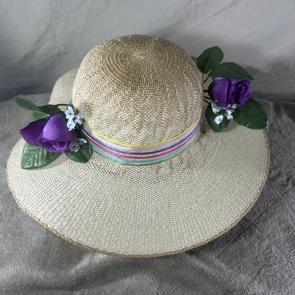 Cappelli Straworld Wide Brim Paper Straw Sun‎ Hat Purple Floral Rose Ribbon Boho